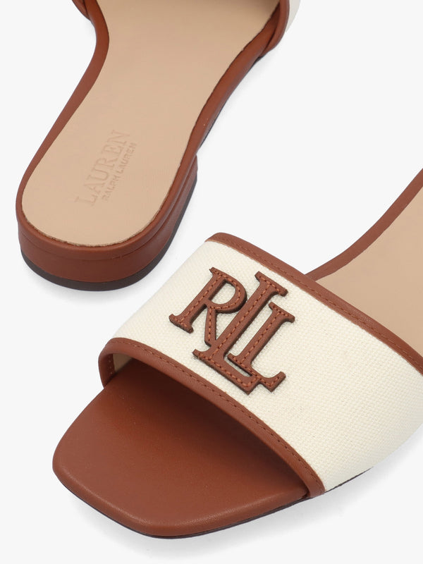 Everley Natural Tan Lauren Leather Trim Canvas Slide Sandals
