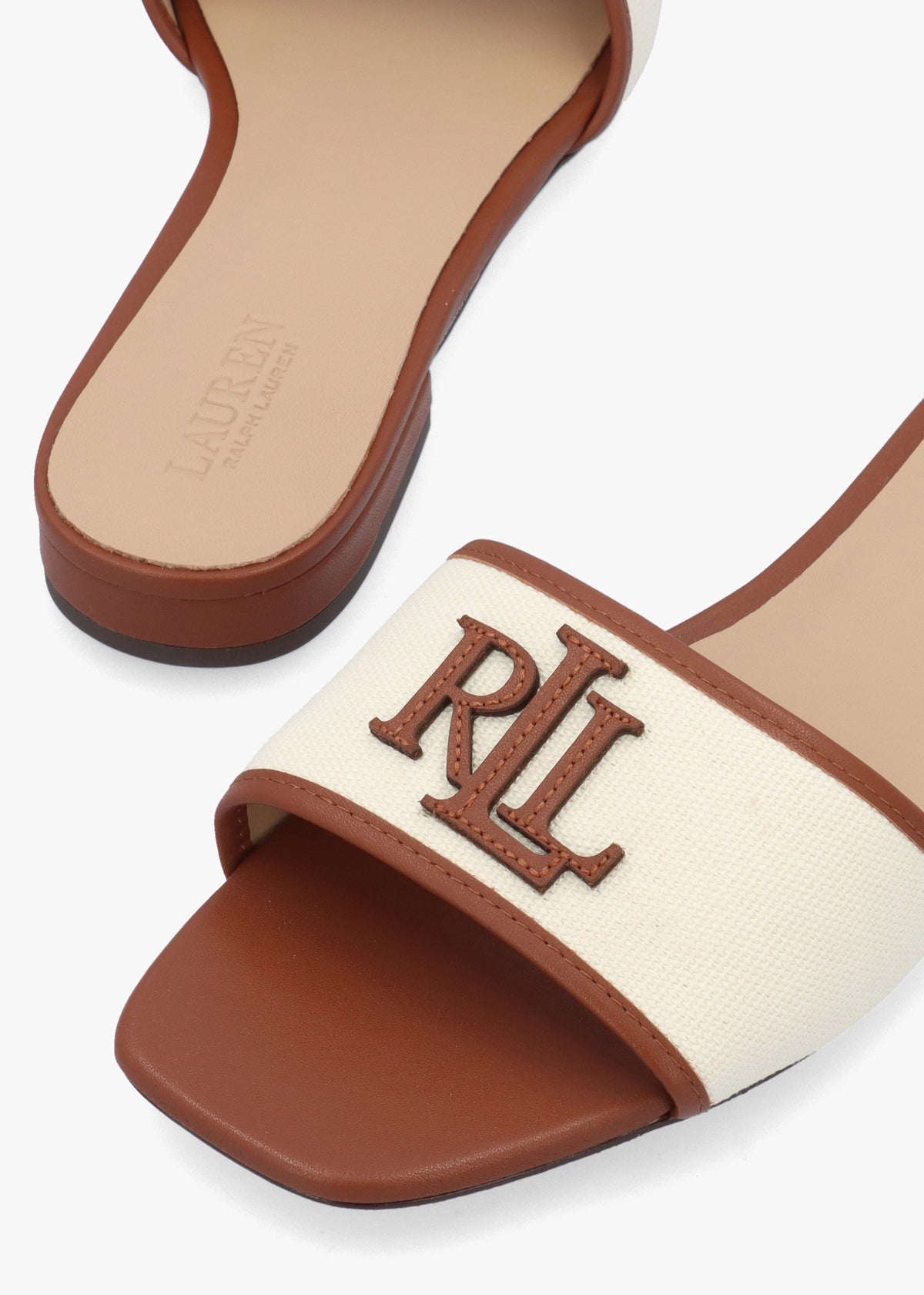Everley Natural Tan Lauren Leather Trim Canvas Slide Sandals