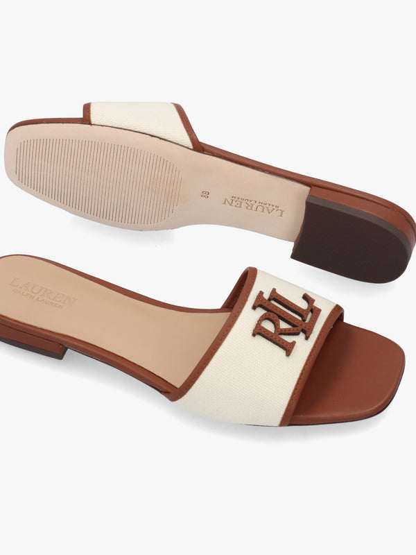 Everley Natural Tan Lauren Leather Trim Canvas Slide Sandals
