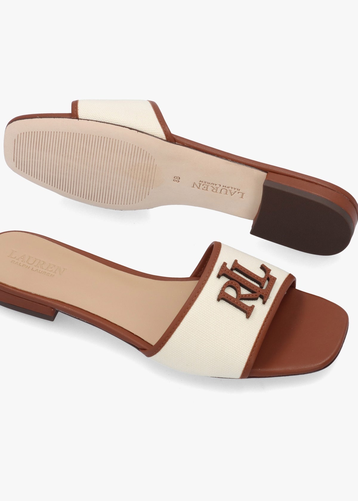 Everley Natural Tan Lauren Leather Trim Canvas Slide Sandals