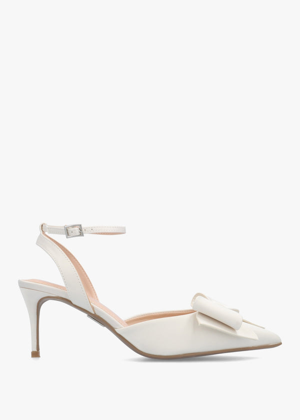 Nahara Off White Satin Bow Low Heel Court Shoes