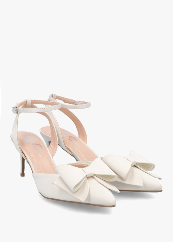 Nahara Off White Satin Bow Low Heel Court Shoes