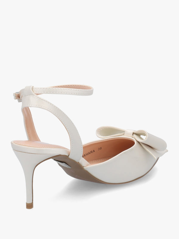 Nahara Off White Satin Bow Low Heel Court Shoes