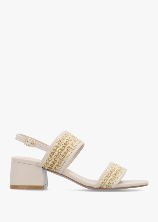 Rebecca Beige Woven Two Bar Mid-Block Heel Sandals