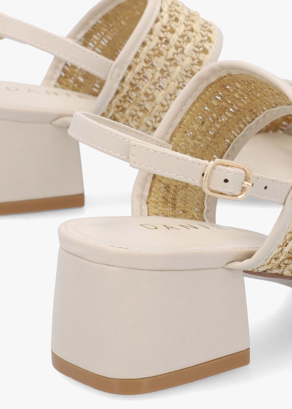Rebecca Beige Woven Two Bar Mid-Block Heel Sandals