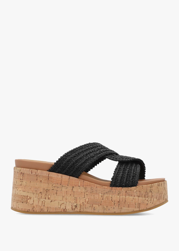 River Black Woven Raffia Flatform Mules