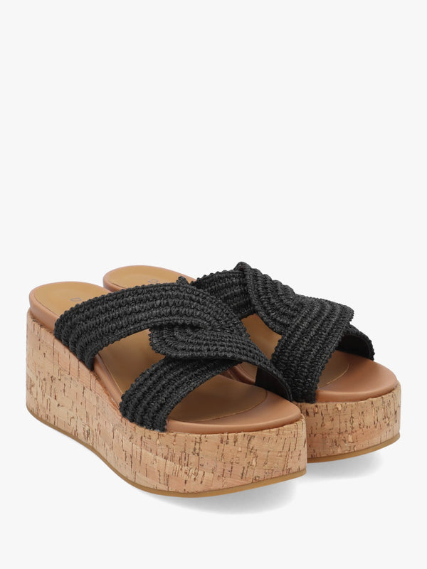 River Black Woven Raffia Flatform Mules