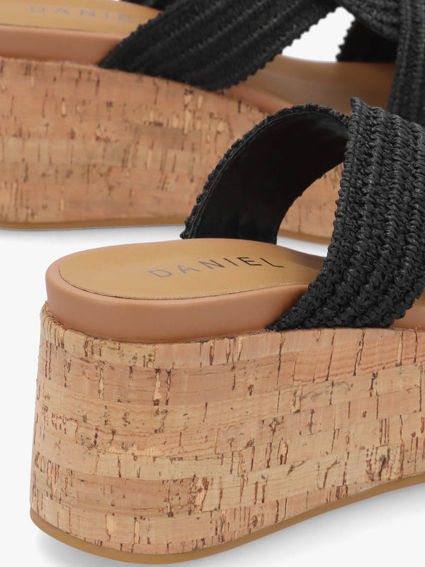 River Black Woven Raffia Flatform Mules