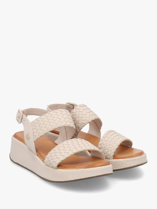 Kaccia Off White Leather Woven Low Wedge Sandals