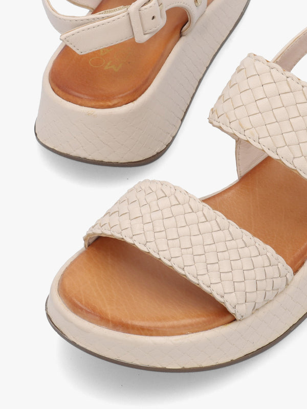 Kaccia Off White Leather Woven Low Wedge Sandals