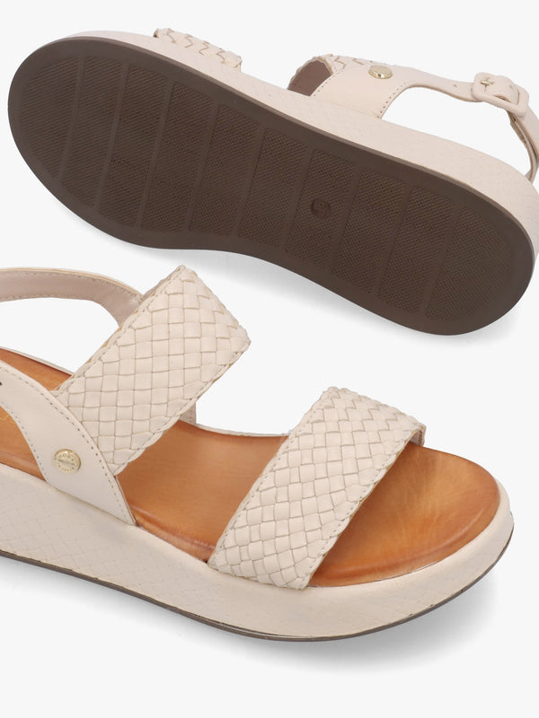 Kaccia Off White Leather Woven Low Wedge Sandals