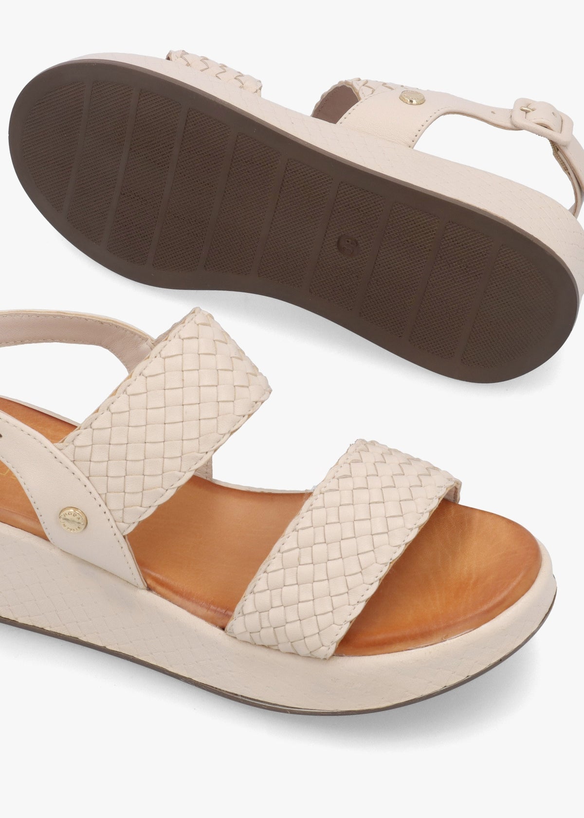 Kaccia Off White Leather Woven Low Wedge Sandals