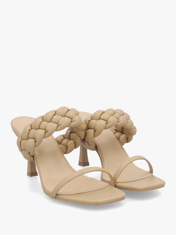 Rose Beige Plaited Two Bar Heeled Sandals