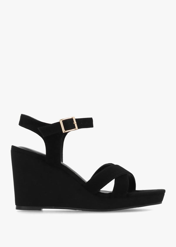 Ruth Black Suede Cross Strap Wedge Sandals
