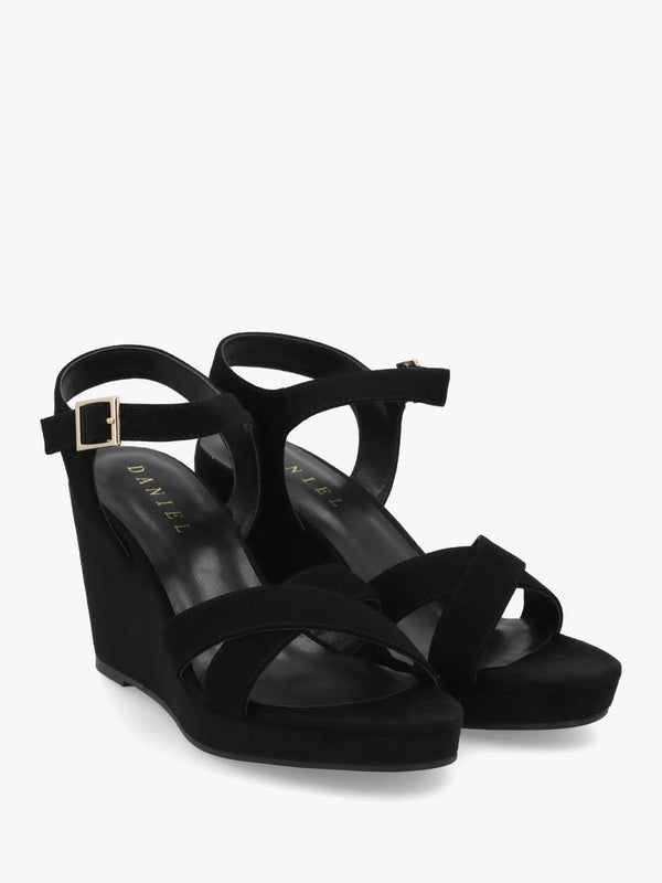 Ruth Black Suede Cross Strap Wedge Sandals