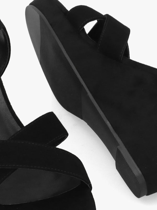 Ruth Black Suede Cross Strap Wedge Sandals