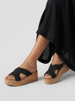 River Black Woven Raffia Flatform Mules