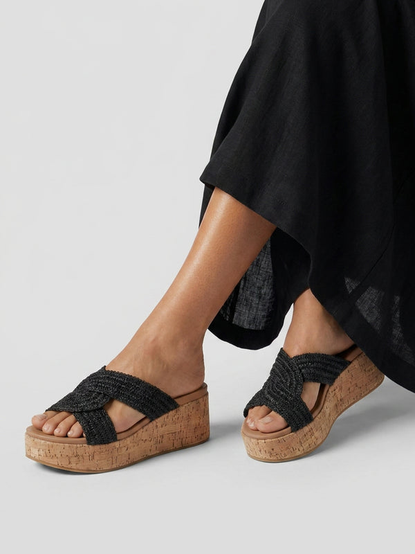 River Black Woven Raffia Flatform Mules