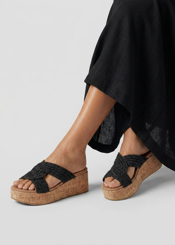 River Black Woven Raffia Flatform Mules