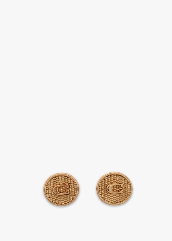 Textured Signature Coin C Logo Gold Studded Earrings