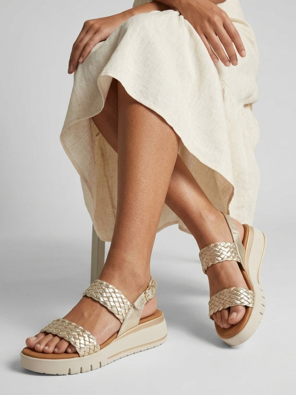 Lait Gold Leather Woven Sling Back Low Wedge Sandals