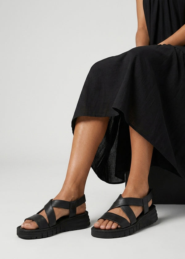 Luana Black Leather Cross Strap Sporty Low Wedge Sandals