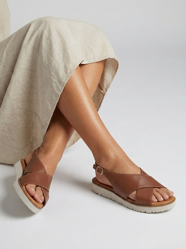 Livia Tan Leather Cross Strap Sandals