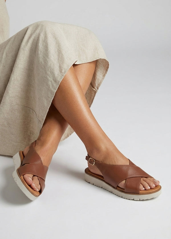 Livia Tan Leather Cross Strap Sandals