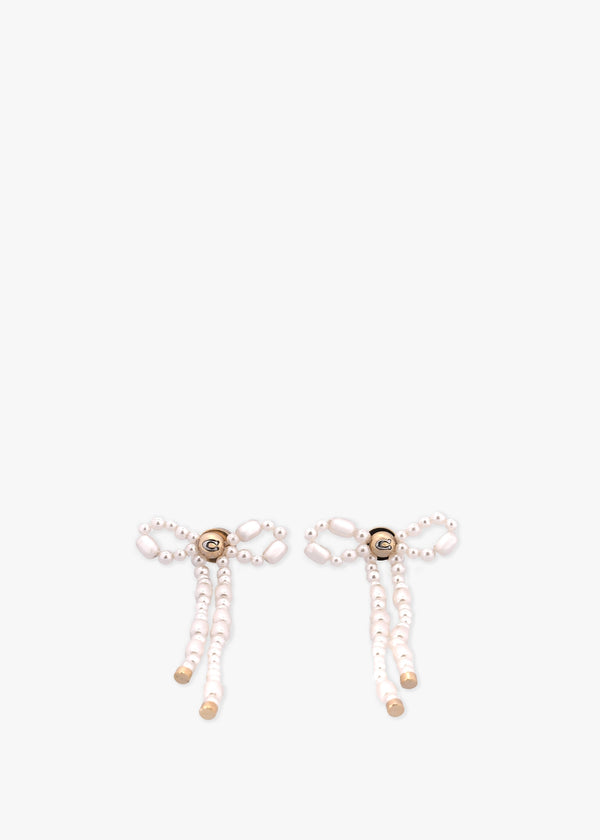 Pearl Bow Gold Drop Earrings