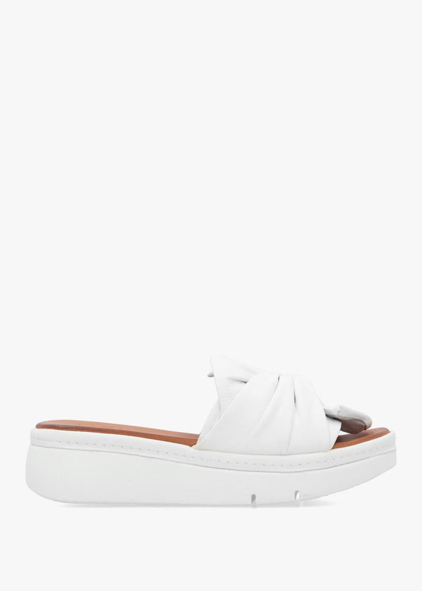 Ollin White Leather Knot Top Low Wedge Mules
