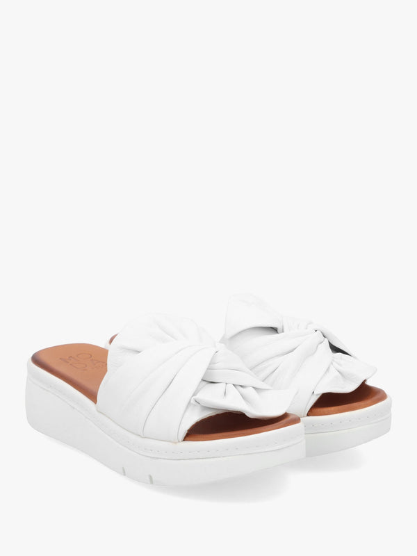 Ollin White Leather Knot Top Low Wedge Mules