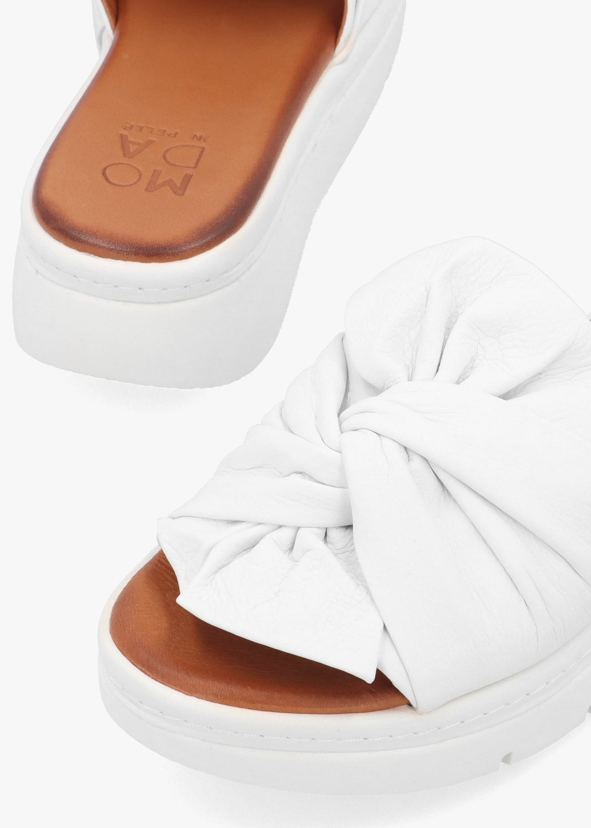 Ollin White Leather Knot Top Low Wedge Mules
