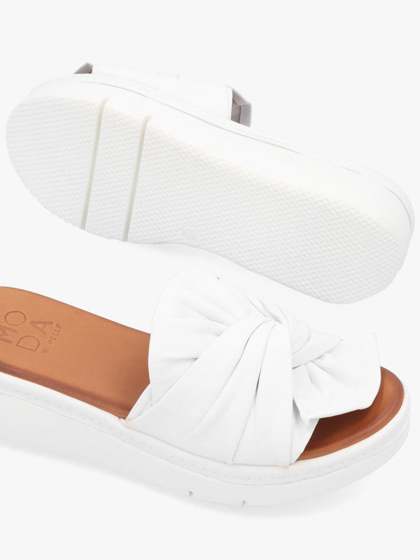 Ollin White Leather Knot Top Low Wedge Mules