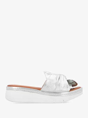 Ollin Silver Leather Knot Top Low Wedge Mules