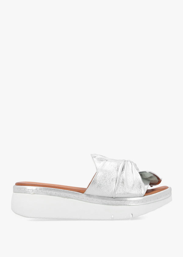 Ollin Silver Leather Knot Top Low Wedge Mules