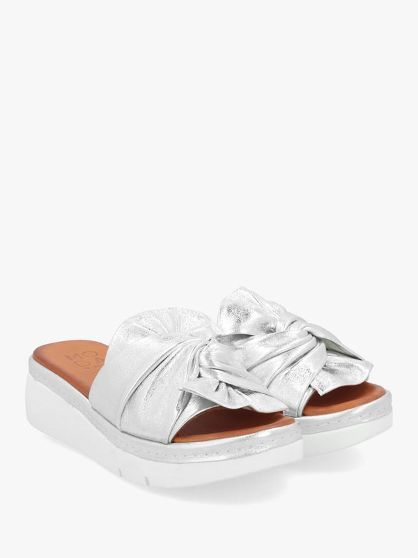 Ollin Silver Leather Knot Top Low Wedge Mules