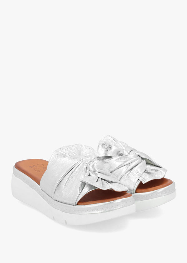 Ollin Silver Leather Knot Top Low Wedge Mules