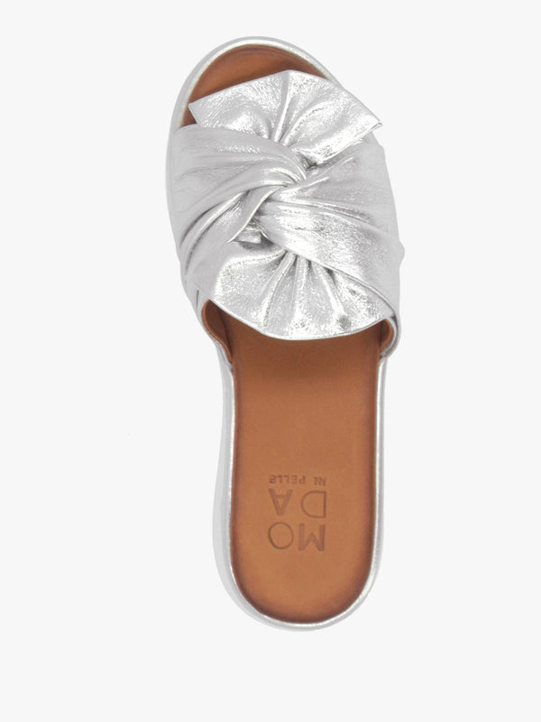 Ollin Silver Leather Knot Top Low Wedge Mules
