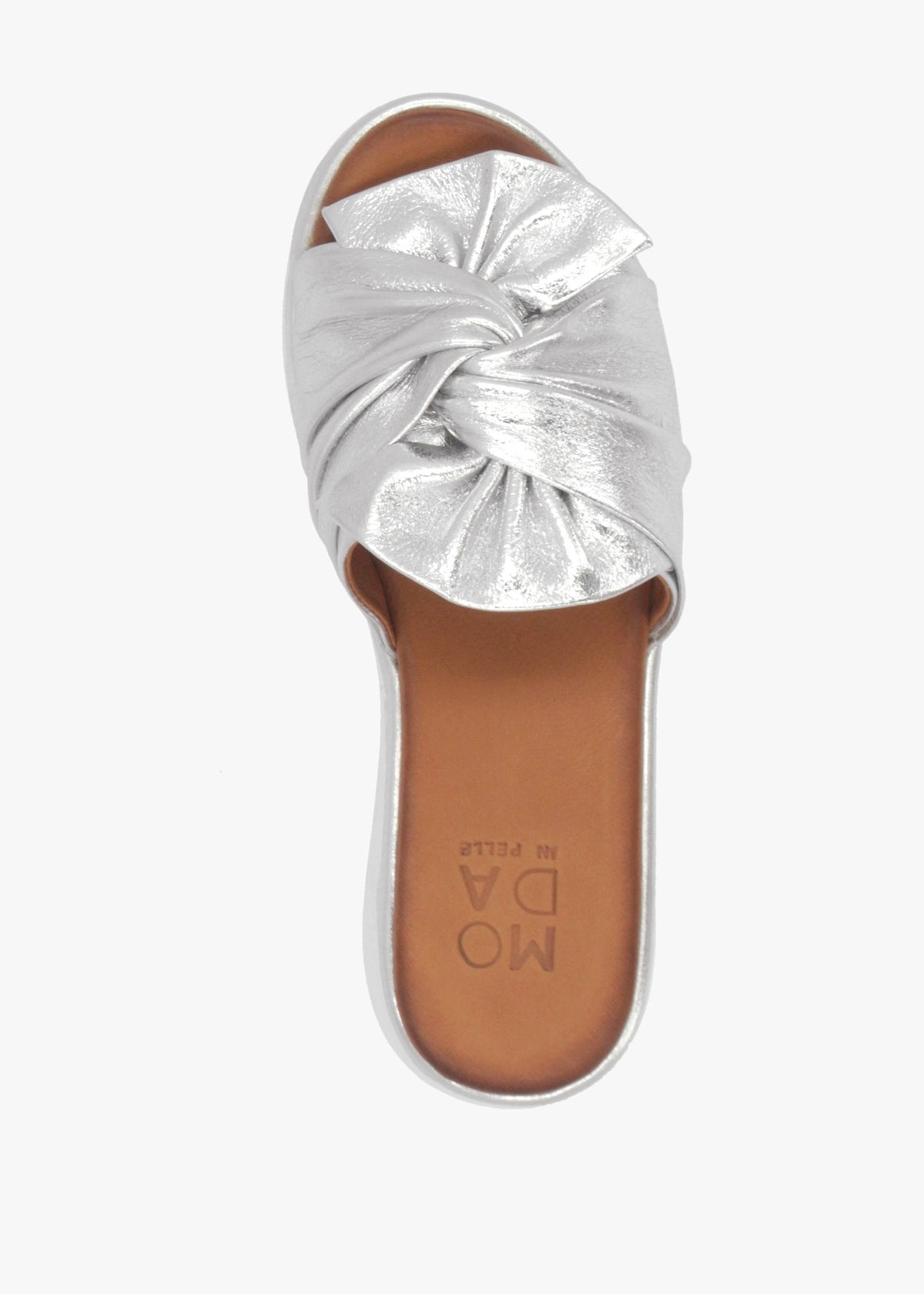 Ollin Silver Leather Knot Top Low Wedge Mules