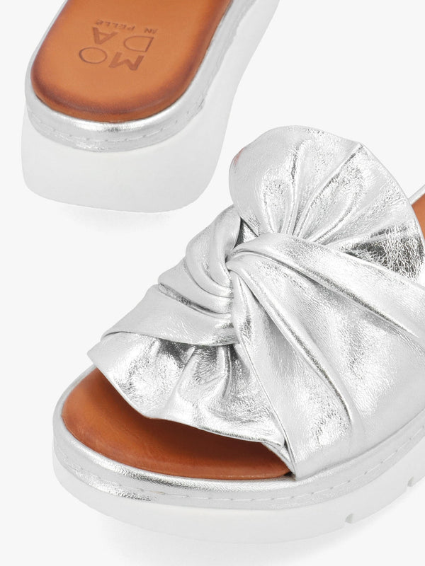 Ollin Silver Leather Knot Top Low Wedge Mules