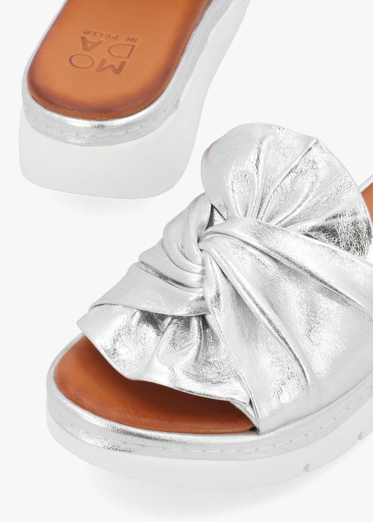 Ollin Silver Leather Knot Top Low Wedge Mules