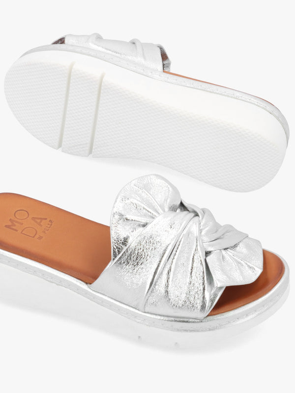 Ollin Silver Leather Knot Top Low Wedge Mules