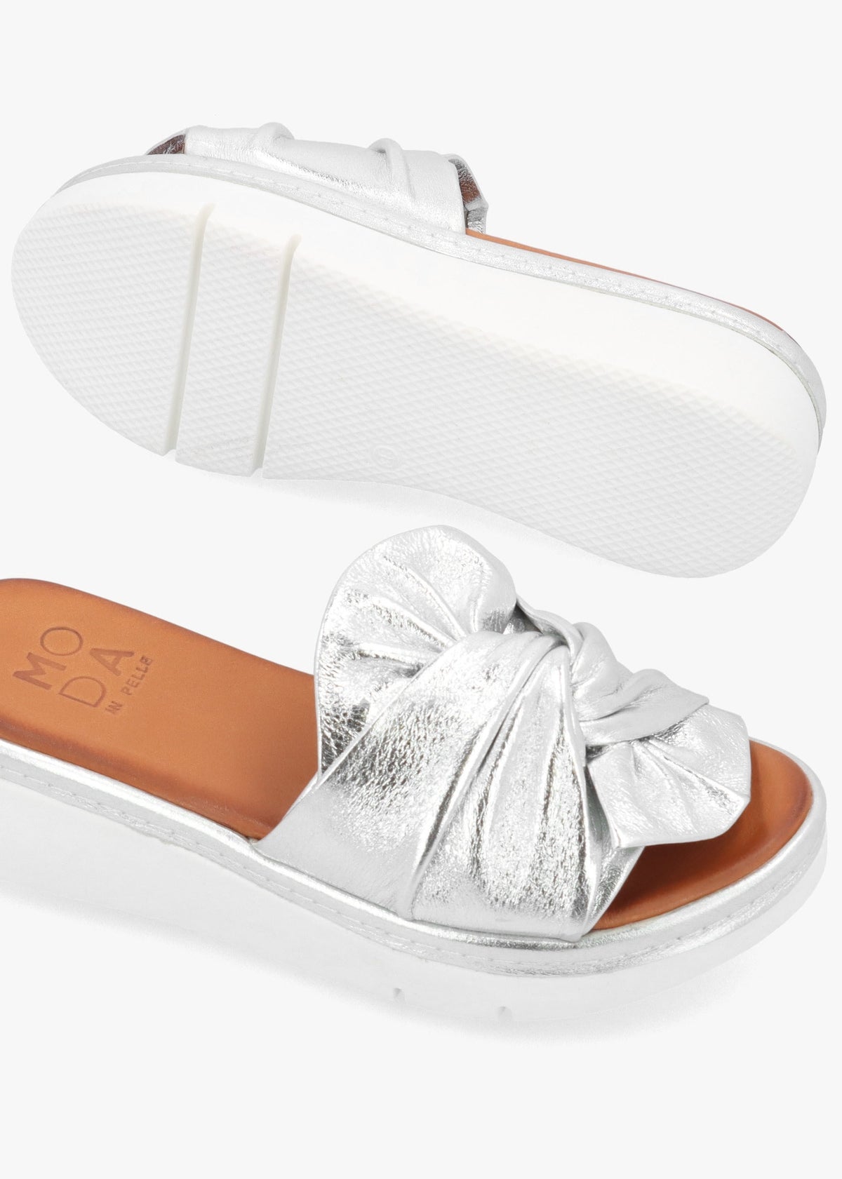 Ollin Silver Leather Knot Top Low Wedge Mules