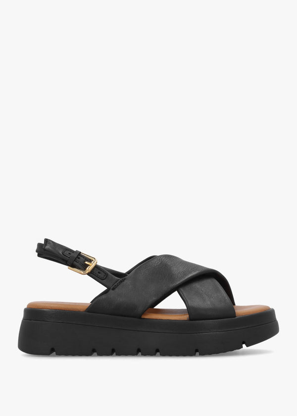 Nettina Black Leather Cross Strap Sandals