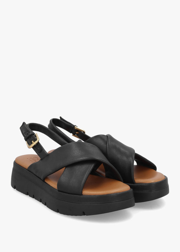 Nettina Black Leather Cross Strap Sandals