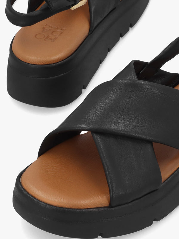 Nettina Black Leather Cross Strap Sandals