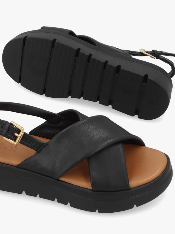 Nettina Black Leather Cross Strap Sandals