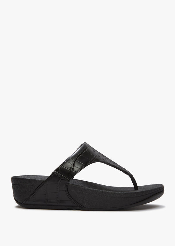 Lulu All Black Leather Moc Croc Toe Post Sandals
