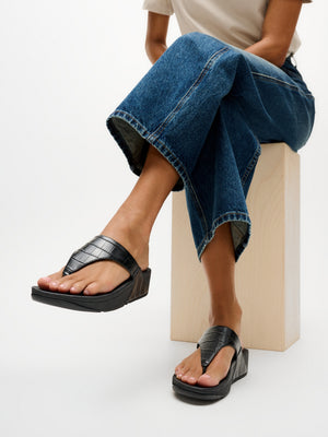 Lulu All Black Leather Moc Croc Toe Post Sandals