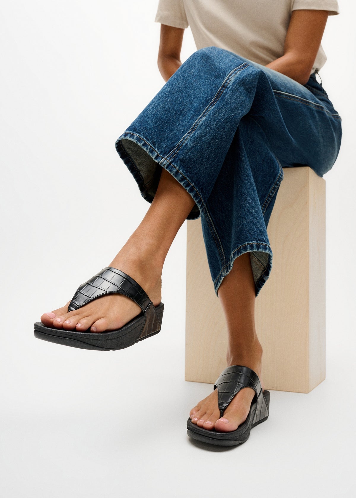 Lulu All Black Leather Moc Croc Toe Post Sandals